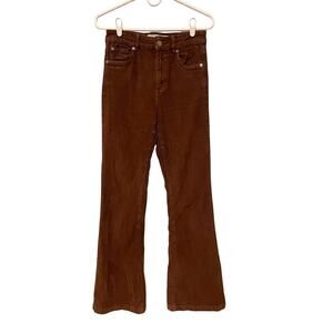 Bershka Brown High Waisted Flare Corduroy Pants Pockets Logo Cotton Stretch 6